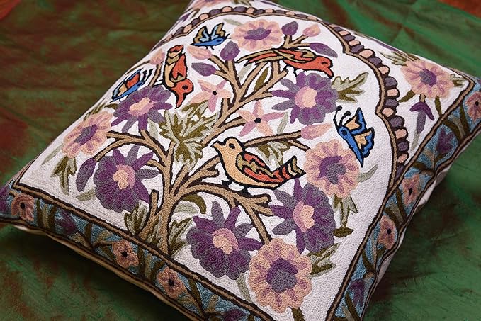 Tree of Life Pillow Cover Lavender Floral Pillowcase Botanical Flower Pillows Plants Farmhouse Traditional Chair Cushions Needlepoint Hand Embroidered Wool Size - 18x18-Ruum Studio Home