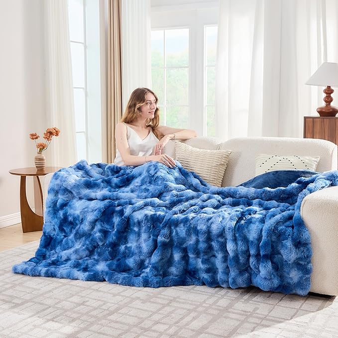 Lotus Karen Faux Fur Throw Blanket Tie-Dye Blue - Big Bubble Rabbit Fluff Blanket for Couch, Large Fluffy Fuzzy Cozy Blanket,Thick Furry Plush Shaggy Blankets,108x90 Inches-Ruum Studio Home