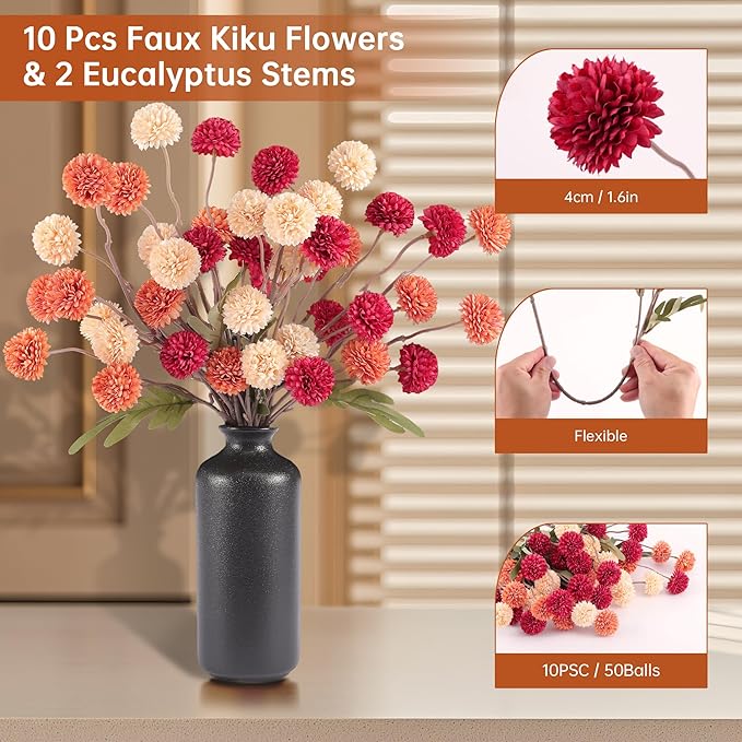 Faux Kiku Flowers Fall 10 Stems & 2 Eucalyptus, Fake Mums Pompon Flower Ball, Autumn Burnt Orange Artificial Chrysanthemums Flowers for Boho Decor, Mini Faux Kiku Flower Wedding Arrangements Decor-Ruum Studio Home