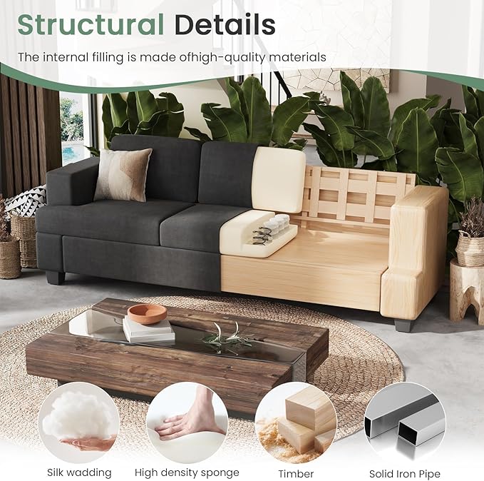Sofa, 89" 3-Seater Deep Seat Sofa, Modern Comfy Couches for Living Room Apartment Lounge, Dark Grey Chenille-Ruum Studio Home