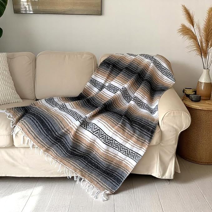 Traditional Handwoven Mexican Blanket, Large Falsa Serape - Soft & Durable - Vibrant Beach, Picnic, Yoga & Camping Mat - Lightweight Boho Throw 70"x50" (Haze)-Ruum Studio Home