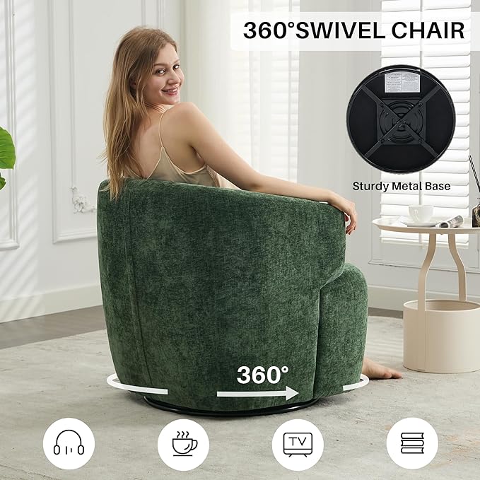 Swivel Accent Chair, Chenille Barrel Chair for Living Room, Cozy Round Boucle Arm Chair, Metal Base for Club Nursery Bedroom, Green-Ruum Studio Home