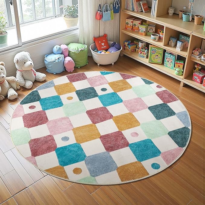 jinchan Round Rug 4ft Kids Washable Rug Indoor Floor Cover Non-Slip Soft Modern Elementary School Classroom Colorful Diamond Carpet for Nursery Daycare Bedroom Playroom Living Room Confetti on Cream-Ruum Studio Home