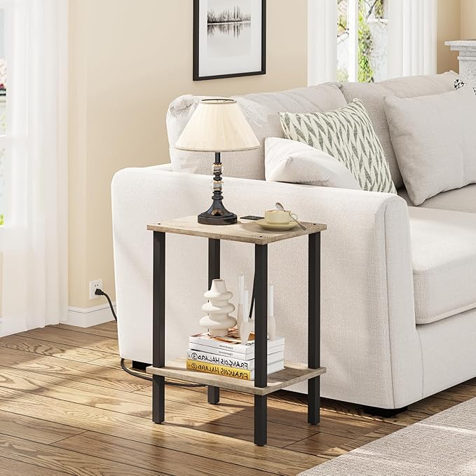 TUTOTAK End Table with Charging Station, Small Side Table with Outlets, Nightstand Bedside Table, 2-Tier Storage Shelf for Small Space, Living Room, Bedroom, Greige TB01BG040-Ruum Studio Home