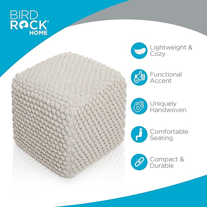 BIRDROCK HOME Bud Pouf Foot Stool Ottoman - Knit Bean Bag Floor Chair - Cotton Braided Cord - Great for The Living Room, Bedroom and Kids Room - Small Furniture-Ruum Studio Home