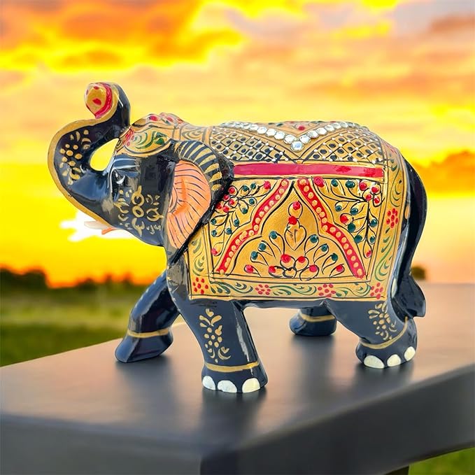 Handcrafted Wooden Elephant Figurine – Traditional Artwork, Gold & Gemstone Embellishments – Lucky Decorative Elephant Statue for Prosperity | Beautiful Elefantes Decorativos para Sala (Black & Gold)-Ruum Studio Home