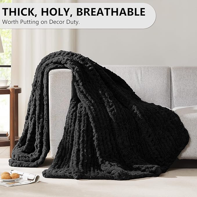 L'AGRATY Chunky Knit Blanket Throw: Soft Chenille Yarn Throw Blanket 60x80 - Handmade Thick Cable Crochet Blanket - Large Chunky Rope Throw Blanket for Couch Sofa Bed Home Decor(Black)-Ruum Studio Home