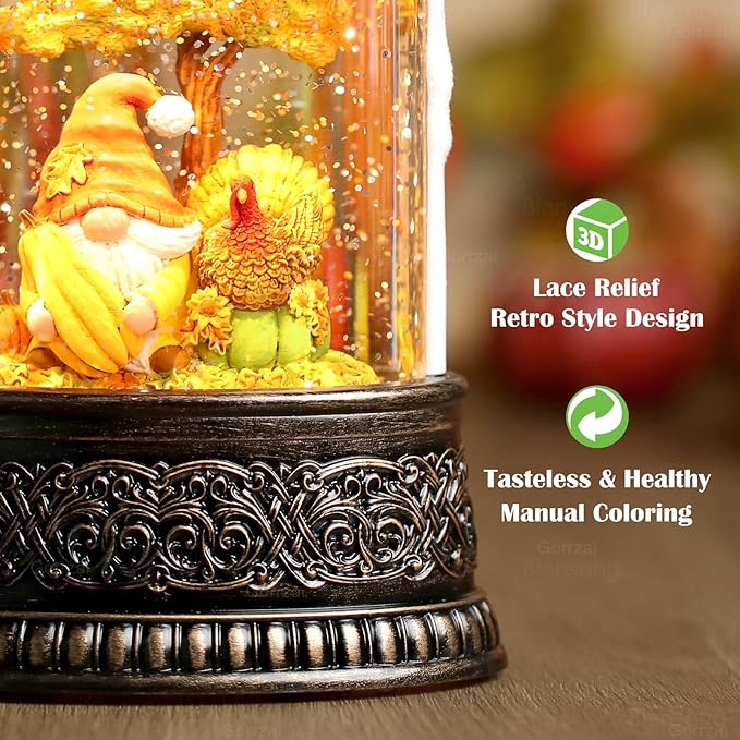 Fall Snow Globe Candle Fall Decorations for Home with Timer Gnome Turkey Pumpkin Autumn Harvest Fall Decor Indoor 9.7 inch-Ruum Studio Home