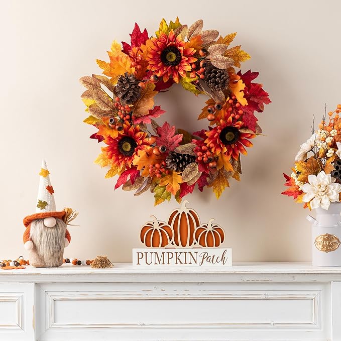 Glitzhome 24''D Fall Wreath with Hanger, Artificial Autumn Wreath for Front Door with Sunflower, Pinecone and Berry, Harvest Wreaths Decor for Indoor Outdoor Holiday Decoration-Ruum Studio Home