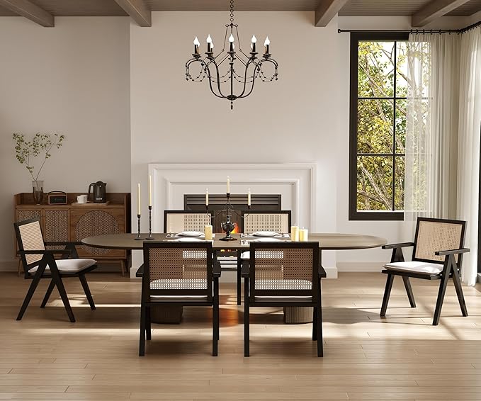 Rattan Dining Chairs Set of 4, Farmhouse Wicker Dining Chairs with Removable Linen Cushion Accent Cane Armchair for Dining Room Kitchen Restaurant, Black-Ruum Studio Home