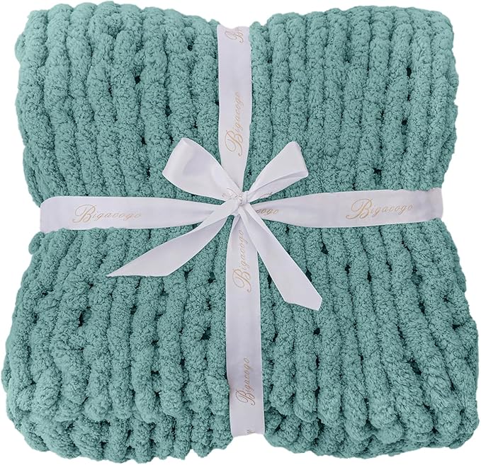 Bigacogo Chunky Knit Throw Blanket for Couch, 40x40 inches, 100% Hand Knitted with Thick Jumbo Chenille Yarn, Cozy Soft Large Rope Knot Cable Crochet Blankets for Sofa Bed Living Room, Light Teal-Ruum Studio Home