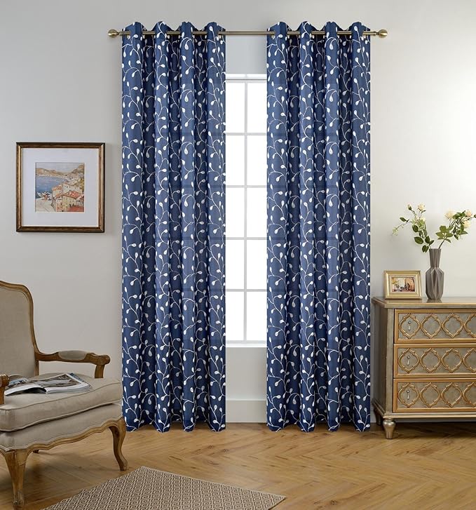 MIUCO Floral Embroidered Semi Sheer Curtains Faux Linen Grommet Curtains for Bedroom 52 x 84 Inch 2 Panels, Navy Blue-Ruum Studio Home