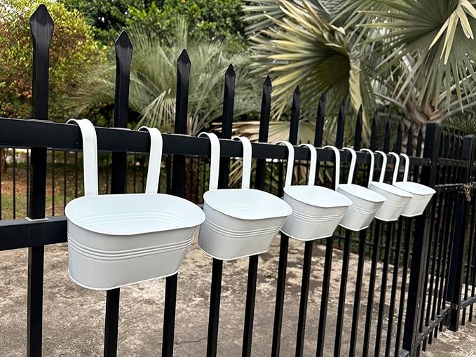 10" Hanging Flower Pots, Pack of 8 White Metal Outdoor Patio Balcony Planter, Railing Planters Fence Pot with Detachable Hook & Drainage Hole for Small Plants (White, 8Pcs)-Ruum Studio Home