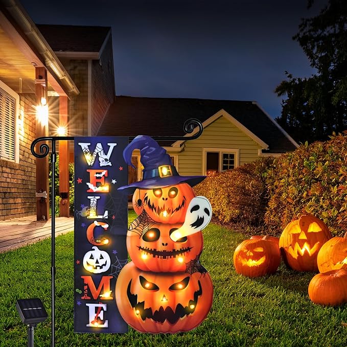Halloween Lighted Garden Flag, Solar Yard Flag for Outside, 8 Modes Double Sided Welcome Halloween Pumpkin Outdoor Decorations for Home Porch (Pumpkin-12x18)-Ruum Studio Home