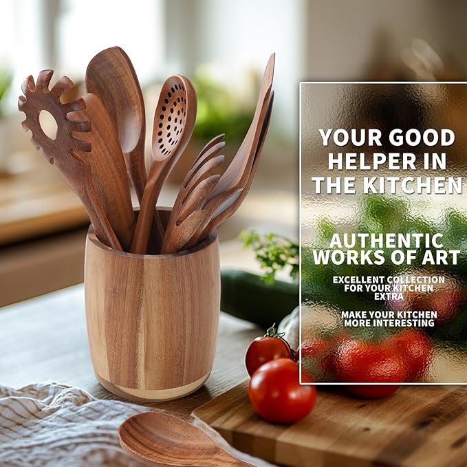 9 PCS Kitchen Utensils Set - Wooden Spoons for Cooking, Natural Teak Wooden Utensils - Includes Wooden Spoons, Spatula Set, Slotted Spoon - Handmade Wooden Spoon Set-Ruum Studio Home