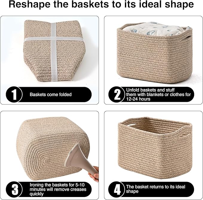 Small Storage Baskets for Shelves Organizing, Woven Cotton Rope Baskets for Storage, Book Basket, Decorative Shelf Basket, 12.5"Lx9.1''Wx7.9''H (4 Packs) Brown-Ruum Studio Home