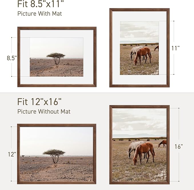 12x16 Picture Frame Natural Solid Walnut Photo Frames with 8.5x11 Removable Mat Wall Hanging Large Handcrafted Frame with HD Plexiglass Wall and Tabletop Display Large Poster Frame-Ruum Studio Home