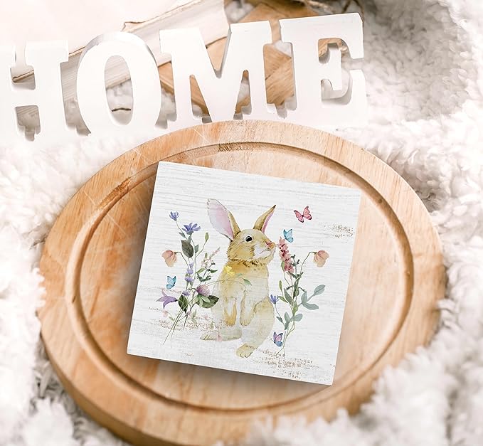 SRADMO Bunny Sign, Cute Bunny's Wood Box Sign Desk Decor, Easter Bunny Gifts for Kids, Easter Theme Wooden Block Box Sign Decoration for Home Office Shelf Table Decor-Ruum Studio Home