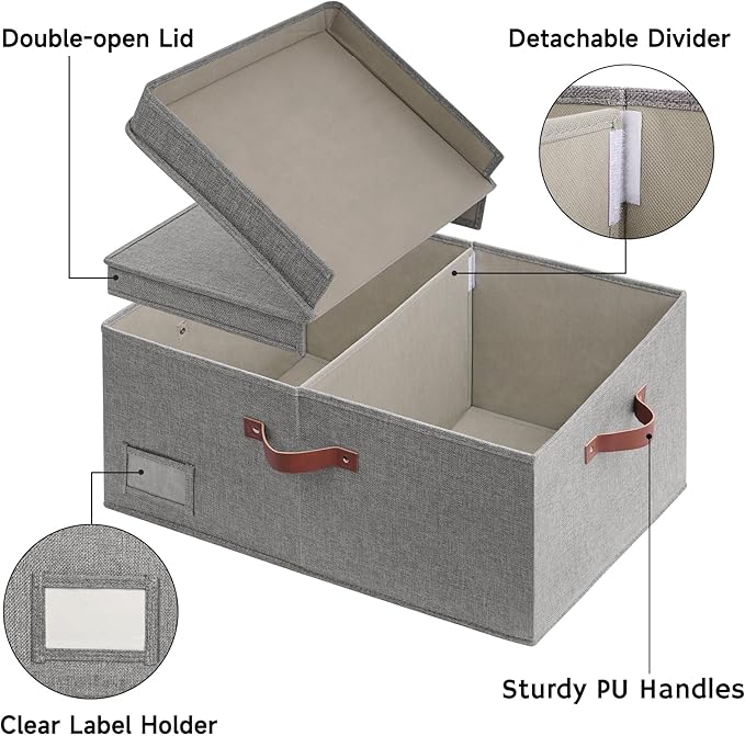 GRANNY SAYS Large Storage Bins With Lids, Decorative Boxes, Fabric Containers With Double-Open Lid and Divider, Collapsible Clothes Organizers, 63L Linen for Closet, Dark Gray-Ruum Studio Home