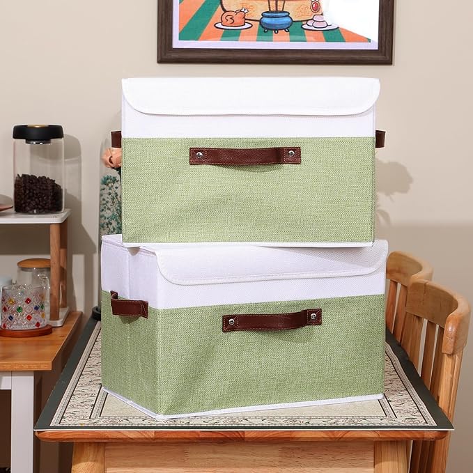 ANMINY 2PCS Storage Boxes with Lid Washable Decorative Storage Bins Basket with PU Leather Handle Foldable Linen Fabric Storage Cubes Containers for Home Closet Organizer - Green White, Large Size-Ruum Studio Home