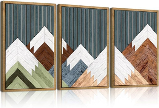 DRACIT Large Woodcut Mountain Wall Art Set Abstract Boho Forest Wood Wall Decor Nature Blue Art Decor Modern Geometric Wooden Wall Sculptures for Living Room Bedroom Office-16x24Inchx3-Ruum Studio Home