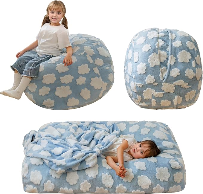 MAXYOYO Bean Bag Chair Bed for Kids, Convertible Bean Bag from Lazy Chair to Floor Bed, Fresh Cloud Design Cover, Stuffed Floor Sofa Couch for Boys and Girls, High-Density Foam Filling, Blue-Ruum Studio Home