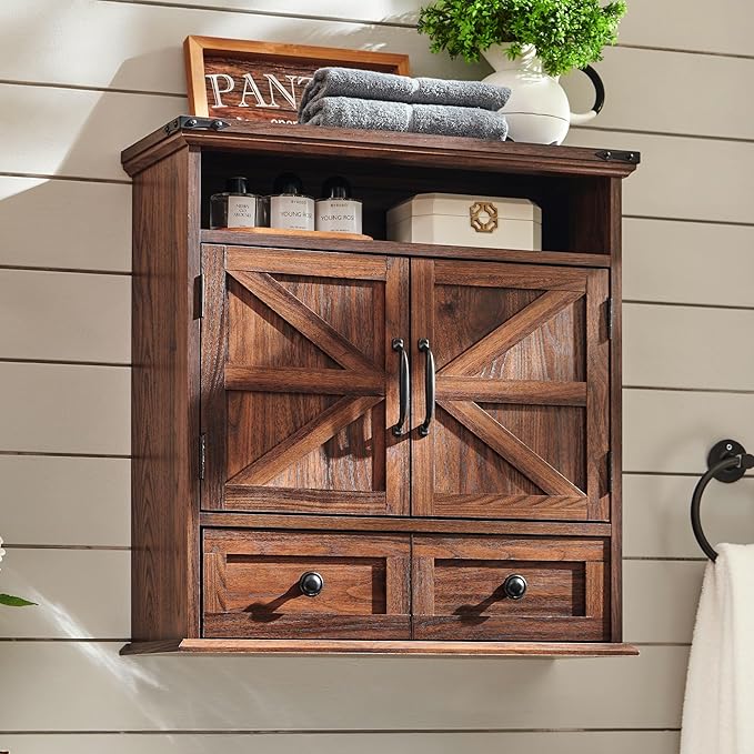 Bathroom Wall Cabinet, Farmhouse Medicine Cabinet, 24" Wide Cabinet with Drawer, Adjustable Shelf, Double Barn Doors, Storage Cabinet for Bathroom, Kitchen, Living Room, Brown-Ruum Studio Home