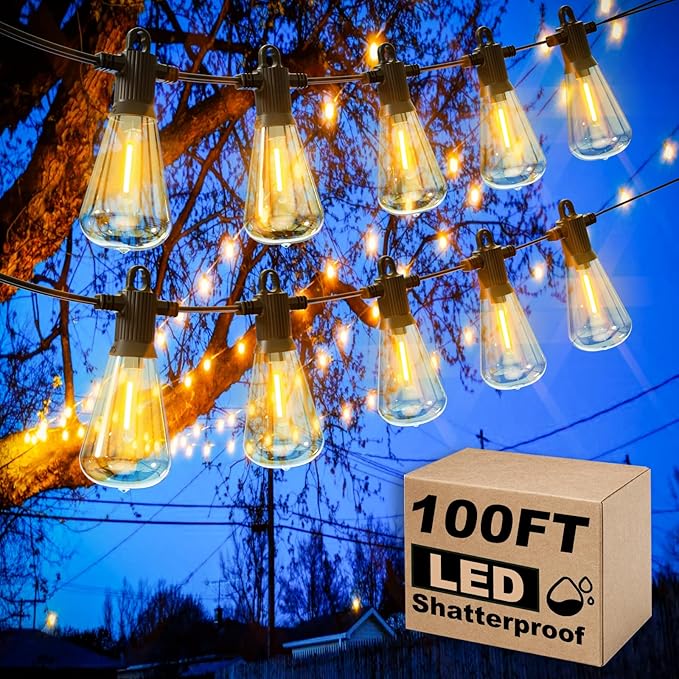 100FT Outdoor String Lights, LED Patio Lights with 50+3 ST38 Vintage Edison Shatterproof Bulbs, IP65 Weatherproof Outside Hanging Lights for Backyard Bistro Cafe Garden(50FTx2)-Ruum Studio Home