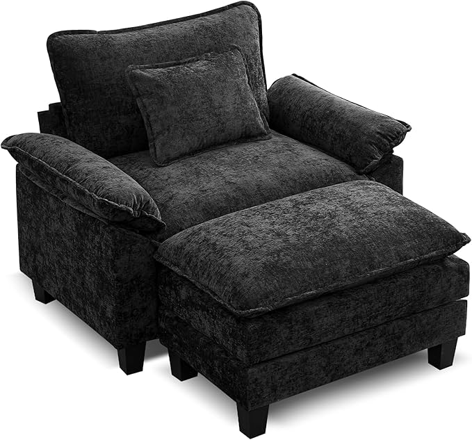 URRED Modular Sectional Sofa Comfy Cloud Couch, Modern Chenille Sofa Sleeper Deep Seat Couches with Ottoman/Pillows for Living Room (Black, 53''- Ottoman)-Ruum Studio Home
