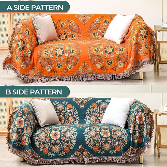 Throw Blanket for Couch Bed Chair,100% Cotton Soft Lightweight Blanket Rustic Quilt -Orange Floral Printed Farmhouse Decor Bed All Season Blankets,80"×90"-Ruum Studio Home
