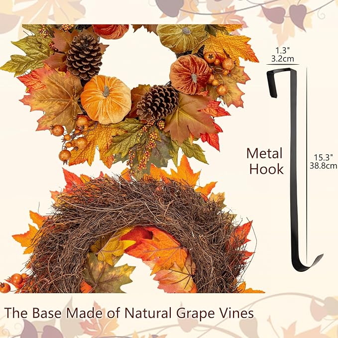 Fall Wreaths for Front Door 16'' Autumn Velvet Pumpkin Wreath with Metal Hook Harvest Maple Wreath Fall Decoration for Home Halloween Thanksgiving Decoration, Briful-Ruum Studio Home