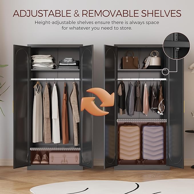 Metal Armoire Wardrobe Closet with 2 Doors, 71" Black Wardrobe Cabinet with Hanging Rod and Adjustable Shelves, Tall Clothing Storage Cabinets for Bedroom, Laundry Room, Home Office-Ruum Studio Home