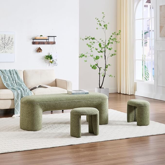 3-Piece 53" Comfy Upholstered Dining Bench with 2 Ottomans, Accent Waterfall Bench Modern End of Bed Entryway Bench Vanity Stool, Green Chenille-Ruum Studio Home