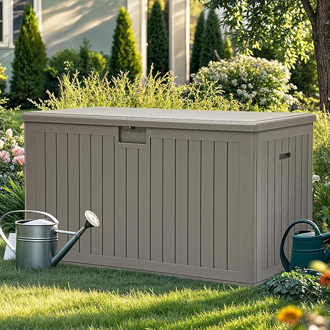 YITAHOME 200 Gallon Extra Large Deck Box, Double-Wall Resin Outdoor Storage Box with Flexible Divider for Patio Cushions Pool Supplies Garden Tools, 990 lbs Load Capacity, Lockable (Light Brown)-Ruum Studio Home