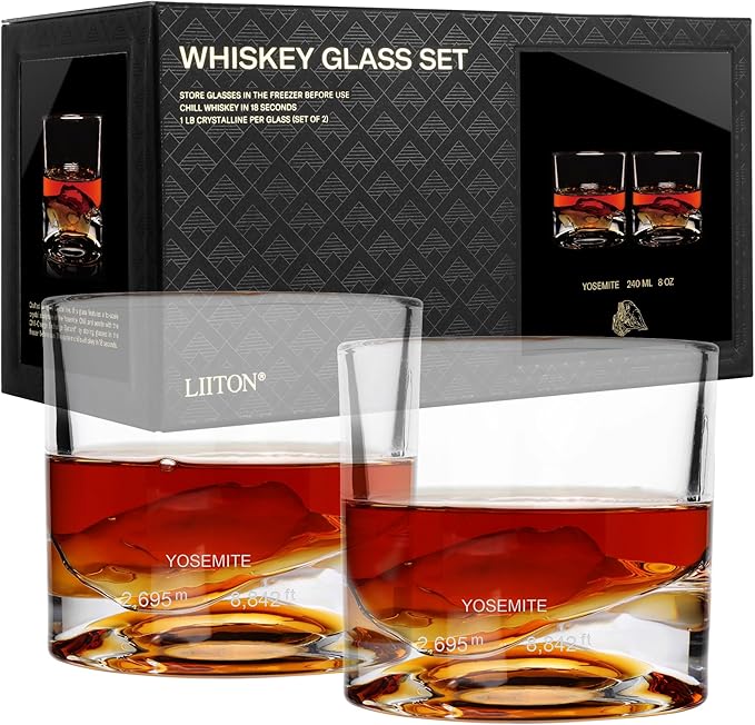 Yosemite Heavy Crystal Whiskey Glasses Gift Set of 2, Thick Freezable Bourbon Glass 1lb Each, Premium Whiskey Gifts for Men, Frozen Crystal Chills Cocktails, 10 oz-Ruum Studio Home
