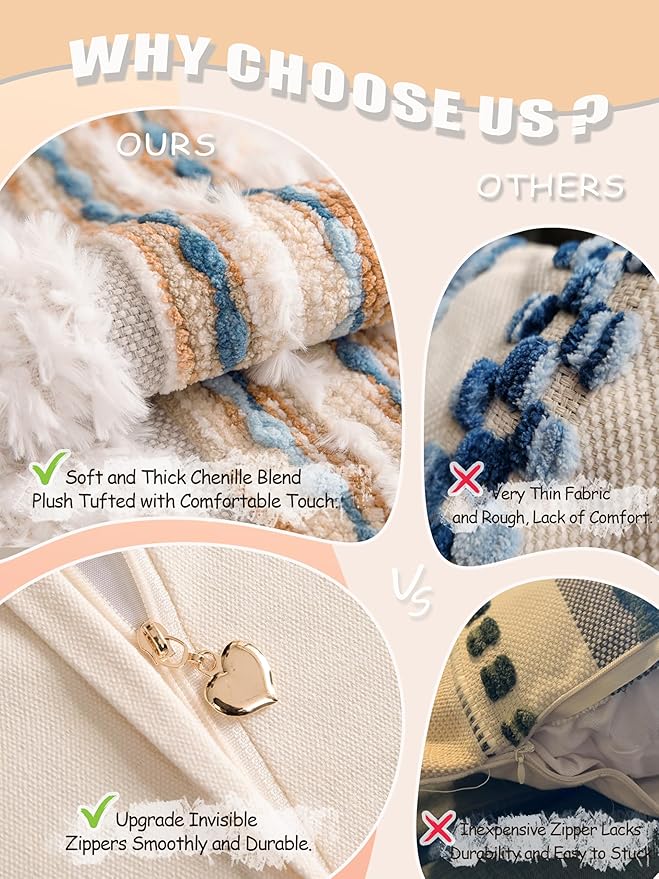 Boho Chenille Tufted Couch Throw Pillow Covers 18x18 Inch Set of 2 Farmhouse Striped Decorative Pillow Covers Accent Neutral Pillowcase Caramel Brown Blue Cushion Cover for Livingroom Sofa Bed-Ruum Studio Home