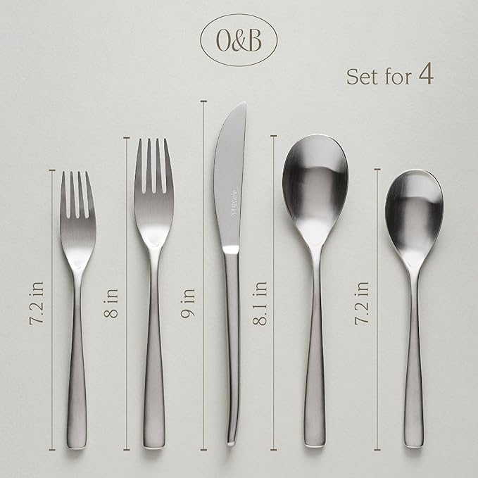 over&back 20pc Curved Flatware Cutlery Set - Comes with 4 Dinner Forks, 4 Salad Forks, 4 Dinner Knives, 4 Dinner Spoons, and 4 Teaspoons - 18/8 Stainless Steel - Dishwasher-Safe - Brushed Stainless-Ruum Studio Home
