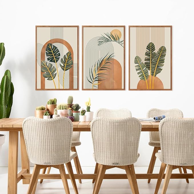 KAIRNE Boho Canvas Wall Art,Tropical Palm Leaf Wall Decor,Mid-Century Geometric Illustrations Set of 3(16”X24”),Abstract Line Pictures,Modern Botanical Prints for Living Room Bedroom Dining Room Decor-Ruum Studio Home