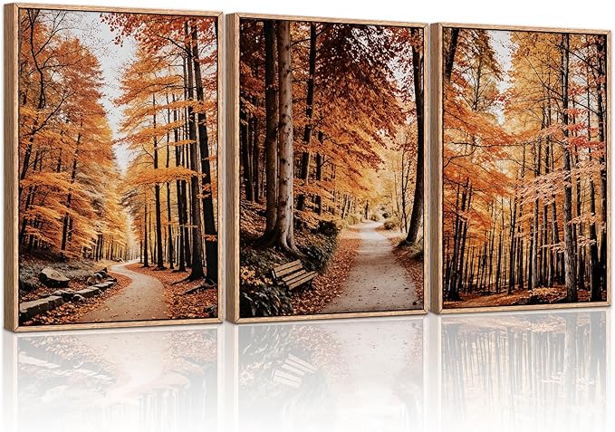 HLNIUC Autumn Forest Framed Canvas Wall Art,Fall Nature Pictures Wall Decor Set of 3(16”x24”) Large Maple Trees Trail Scenery Wall Painting,Modern Fall Landscape Art Print for Living Room,Bedroom-Ruum Studio Home