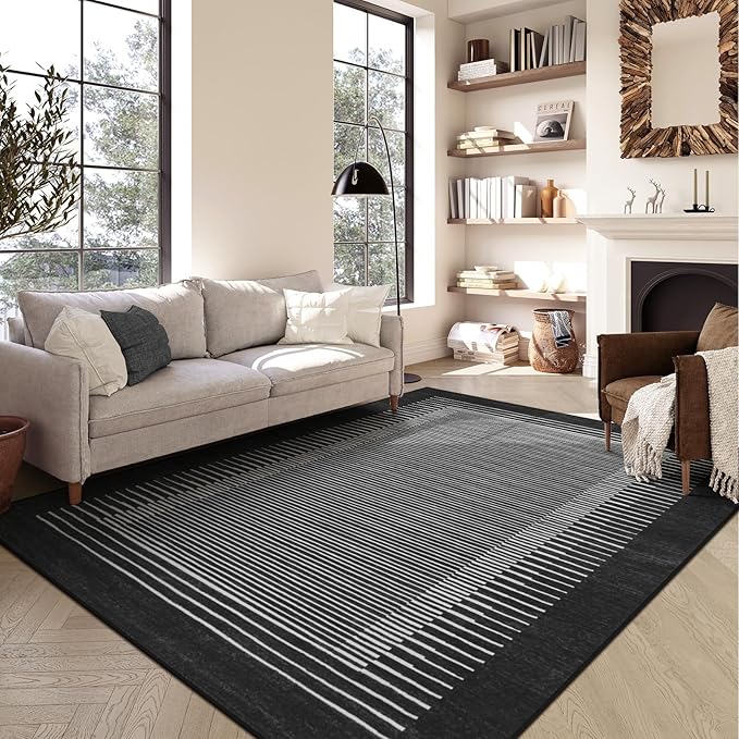 Wonnitar Washable Striped 5x7 Washable Area Rug, Non-Slip Black Berber Stripe Rugs for Living Room, Low Pile Minimalist Floor Carpet Rugs for Bedroom Dining Room Home Office (Black,5' x 7')-Ruum Studio Home