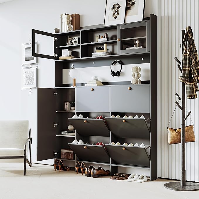 Ball & Cast Tipping Bucket 3-Tier Shoe Cabinet with 6 Flip Drawers and Storage Shelf,Entryway Hall Tree with Tempered Glass Doors and 4 Hooks,for Hallway,Mudroom,Living Room,Black-Ruum Studio Home
