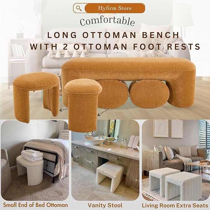 3-Piece 53" Comfy Upholstered Dining Bench with 2 Ottomans, Accent Waterfall Bench Modern End of Bed Entryway Bench Vanity Stool，Pumpkin Chenille-Ruum Studio Home