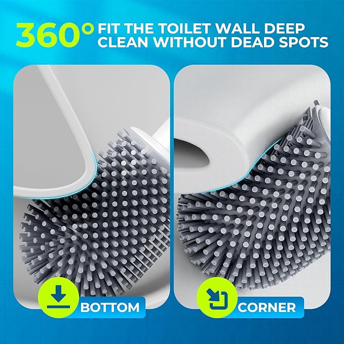 Silicone Toilet Brush and Holder Set with L-Shaped Brush Head, Wall Mounted Toilet Brush Set with Long Non-Slip Handles, Compact Toilet Bowl Cleaner Brush Suitable for RV Trailers & Bathroom (2 Pack)-Ruum Studio Home