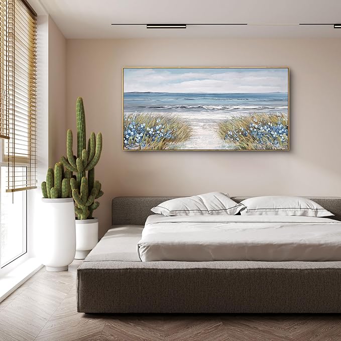 XLSJERST Framed Wall Art for Living Room Decor - Farmhouse Boho Beach Coastal Vintage Floral Ocean Wall Picture Flowers Sea Canvas Print Seascape Artwork for Home Living Room Bedroom Office 24x48-Ruum Studio Home