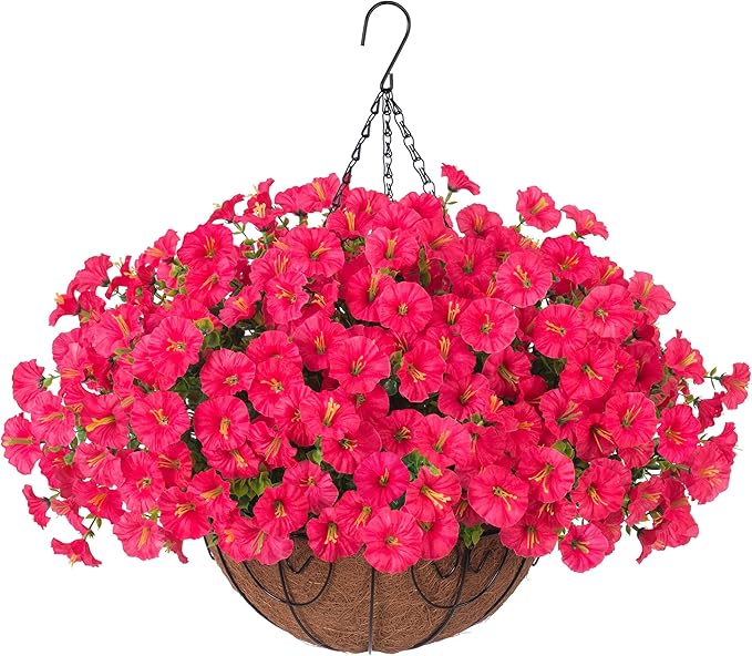 Artificial Faux Hanging Plants Flowers Basket for Outdoor Outside Spring Summer Decoration, Silk Morning Glory in Planter UV Resistant Look Real Fake Flower for Porch Patio Balcony Home Yard, Hot Pink-Ruum Studio Home