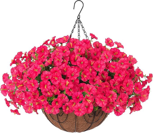 Artificial Faux Hanging Plants Flowers Basket for Outdoor Outside Spring Summer Decoration, Silk Morning Glory in Planter UV Resistant Look Real Fake Flower for Porch Patio Balcony Home Yard, Hot Pink-Ruum Studio Home