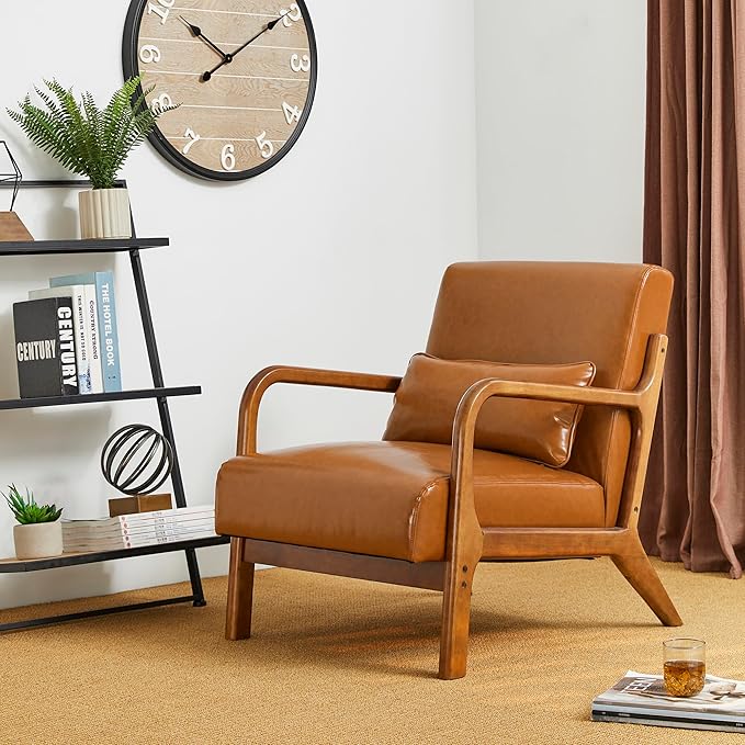 Glitzhome 30" H Mid Century Yellowish Brown Accent Armchair, Single Reading Sofa, PU Leather Lounge Chair with Walnut Ruberwood Frame for Livingroom or Office-Ruum Studio Home