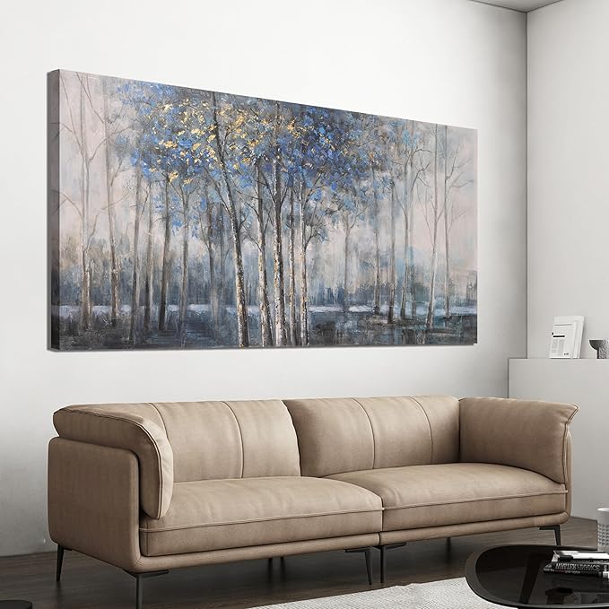 Canvas Wall Art Decor Pictures Wall Decor Prints Modern Large Wall Art Gold Wall Art Blue Grey Misty Botanical Textured Artwork for Walls For Room Living Room Bedroom Office Wall Decor 24"X48"-Ruum Studio Home