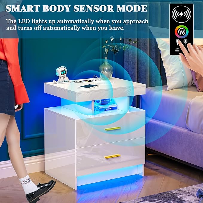 Night Stand with Light, High Gloss Nightstand with USB/Wireless Charging Station, LED White Nightstands with Storage Drawers, RGB Side End Table for Bedroom Furniture（White-Ruum Studio Home
