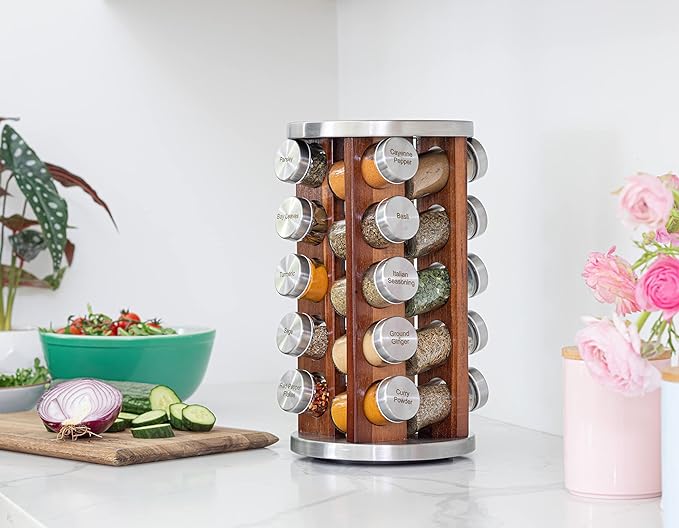 Orii 20 Jar Dark Acacia Wood Spice Rack with Spices Included - Rotating Tower Organizer for Kitchen Spices and Seasonings, (Dark Stained Acacia Wood)-Ruum Studio Home